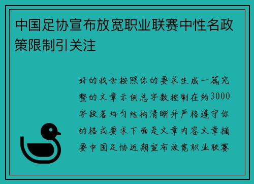 中国足协宣布放宽职业联赛中性名政策限制引关注